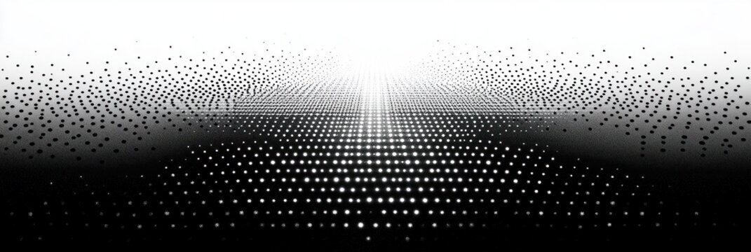 Monochrome dotted perspective grid receding to a bright horizon with tiny distant silhouettes, evoking solitude and surreal calm