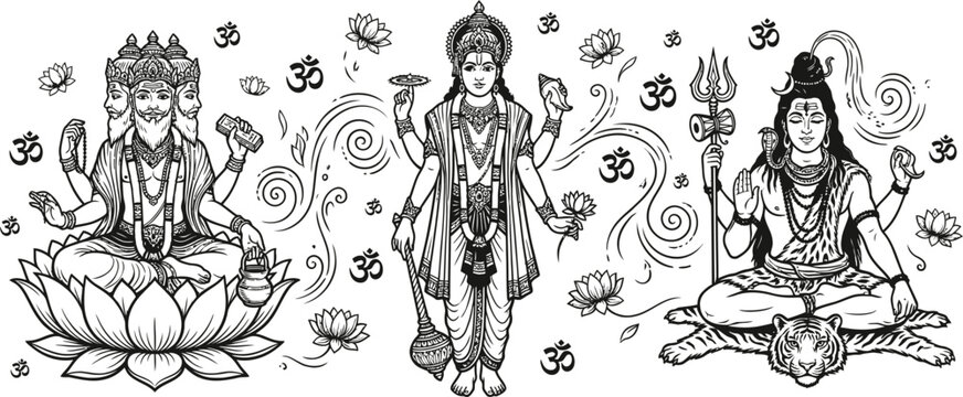Hindu Trimurti deities Brahma Vishnu and Shiva vector illustration