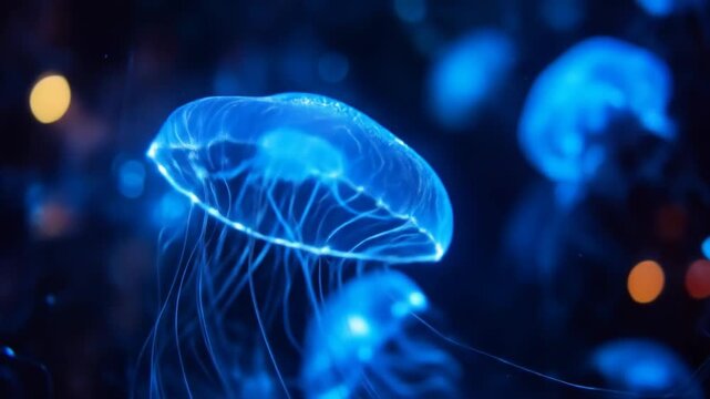 Glowing blue jellyfish underwater in dark environment