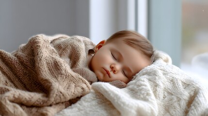 Close-up of a Sleeping Baby Wrapped in Warm Knitted Blankets Near a Window