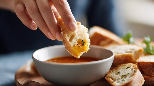 Hand Dipping Crusty Bread into Savory Tomato Soup with Herbs on a Wooden Board