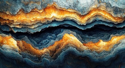 Fototapeta premium Undulating layered crystalline rock strata in luminous blue and golden bands, textured geode-like formations evoking drama and awe