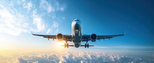 Fototapeta premium Front view of a passenger jet flying above golden clouds at sunrise under a dramatic blue sky, conveying majestic power and serene freedom