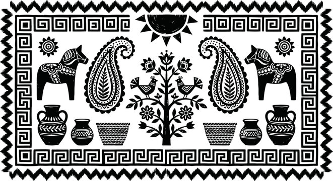 Scandinavian folk art motifs composition vector illustration