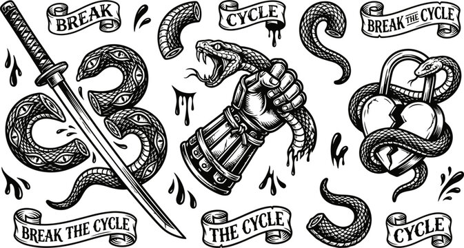 Snake and samurai sword tattoo collection vector illustration