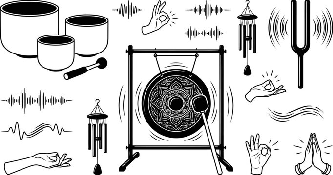 Sound healing instruments and meditation mudras vector illustration