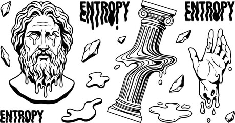 Surreal melting Greek sculptures and column vector illustration