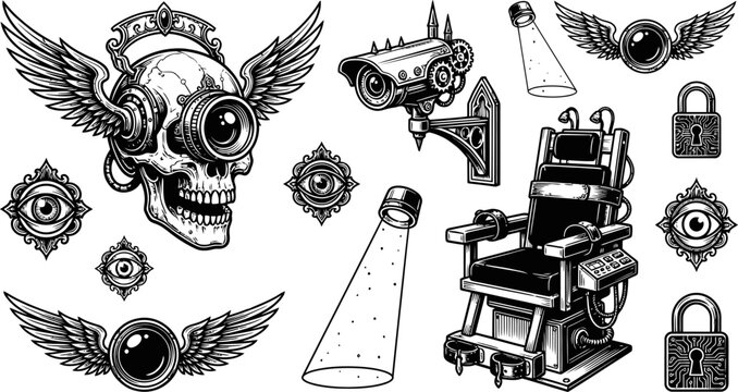 Surveillance and cyberpunk gothic elements vector illustration set