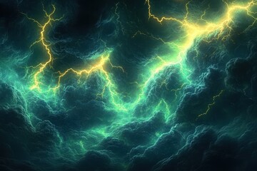 Dark stormy clouds illuminated by bright glowing green and yellow lightning bolts creating a dramatic electric atmosphere