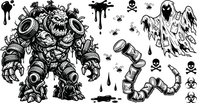 Trash monster and ghost with pollution symbols vector illustration