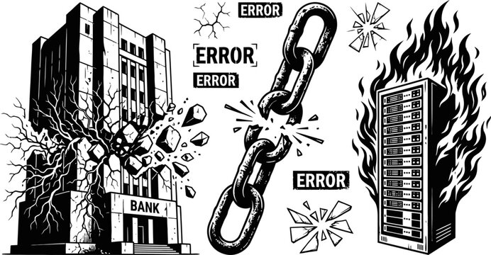 Bank collapse and technical system failure vector illustration