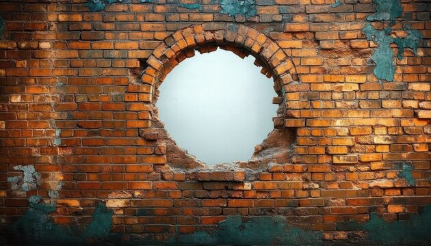 Weathered orange brick wall with large rough circular hole, peeling teal paint and crumbling edges conveying decay and quiet abandonment