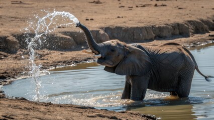 Fototapeta premium A Young Elephant Calf Joyfully Splashing Water with Its Trunk in a River