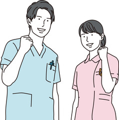 笑顔でガッツポーズをする男女の看護師イラスト