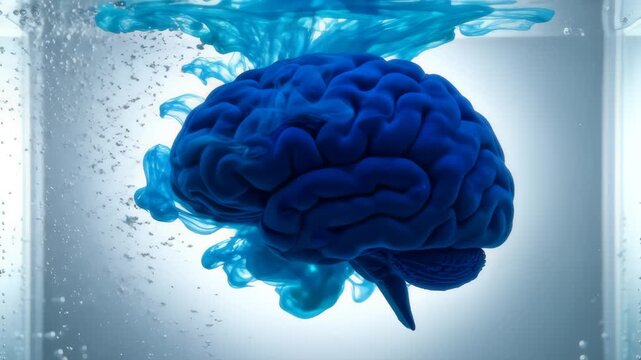 Blue Ink Dissolving Around Brain Sculpture Underwater Slow Motion