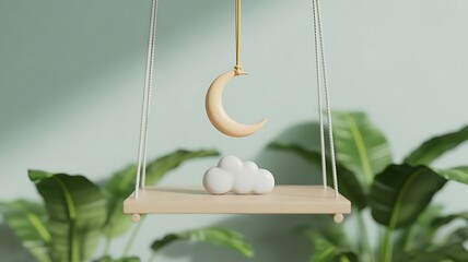 Pale crescent moon and cloud on wooden swing with lush plants