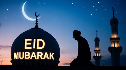 Person praying before Eid Mubarak mosque dome at dusk