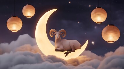 Ram sits glowing crescent moon surrounded by lanterns and clouds