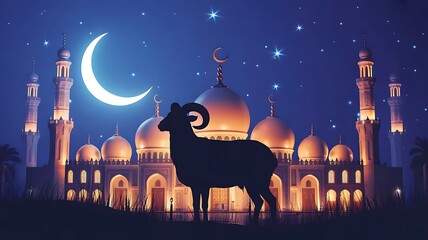Ram silhouette before glowing mosque under starry Eid night sky