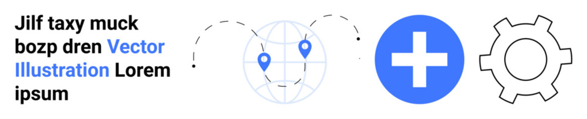 Obraz premium Globe with location pins, blue medical cross, and gear icon symbolize location tracking, healthcare access, worldwide support. Ideal for global services, navigation, health, technology data travel