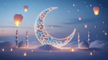 Ramadan Crescent Moon Mosques Glowing Sky Lanterns Celebration