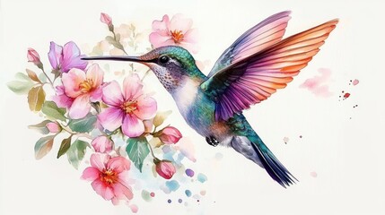 vibrant watercolor hummingbird hovering beside pink blossoms with watercolor splashes, delicate wings in motion and a serene joyful mood