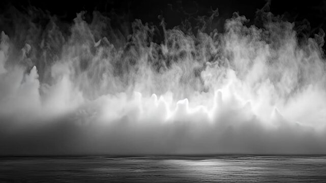 Mist and fog hovering above a dark body of water illuminated by a faint light source from below the surface at dusk from an aerial viewpoint