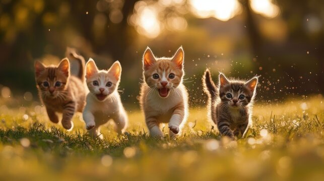 Four playful kittens running across sunlit grass at golden hour, joyful and energetic expressions