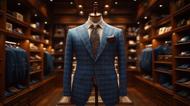Mannequin wearing a blue plaid suit jacket with dress shirt, patterned tie and pocket square in a warm wood-lined menswear boutique showcasing jackets, shoes and accessories, evoking refined elegance