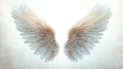 Fototapeta premium Soft white feathered wings spread symmetrically against a glowing pale backdrop, evoking serenity, grace and uplift