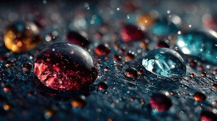 Macro View of Colorful Water Droplets Reflecting Vibrant Lights on a Textured Surface