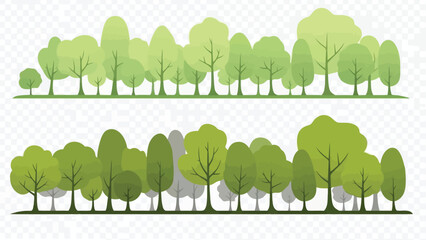 Stylized green trees in rows with varying shades and a brick wall background