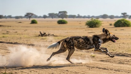Fototapeta premium African Wild Dog sprinting across dusty savanna in full pursuit, capturing a moment of raw speed and instinct.