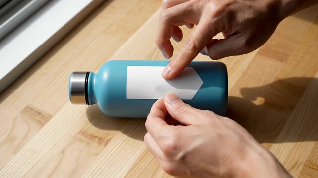 Close up of Hands Applying a Blank White Sticker Label to a Light Blue Reusable Water Bottle Resting on a Wooden Table Surface Casting a Soft Shadow from Natural Sunlight Coming from the Side