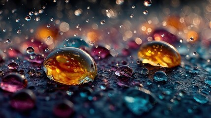 Vibrant Macro Droplets Reflecting Abstract Colors in a Moody Atmosphere