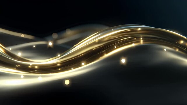 Golden waves flowing elegantly across a dark background with light reflections and spherical highlights, creating a mesmerizing visual effect