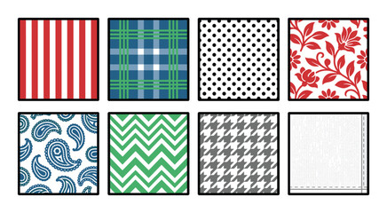 Assorted patterns and fabric samples. Includes stripes, polka dots, paisley, floral, houndstooth, and more.