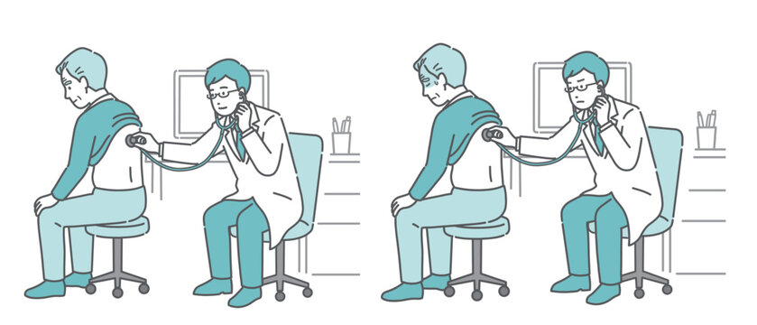 白衣を着用した男性医師による高齢男性の背中の聴診イラストセット（正常・異常/体調不良）