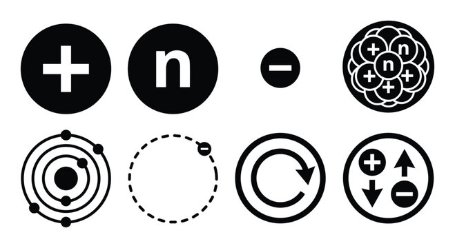 Atom structure icons. Depicting positive, negative charges and neutron. Nuclear atom representation diagrams.