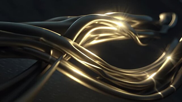 Golden metal wires intertwining in a complex 3D structure with glowing highlights, viewed from a close-up perspective, showcasing modern technology and intricate design