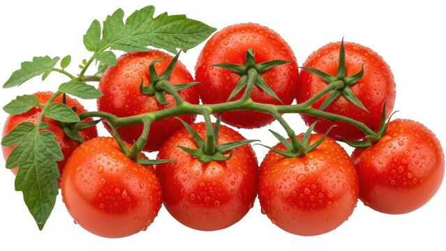 A bunch of ripe juicy red tomatoes on the vine isolated against a transparent background