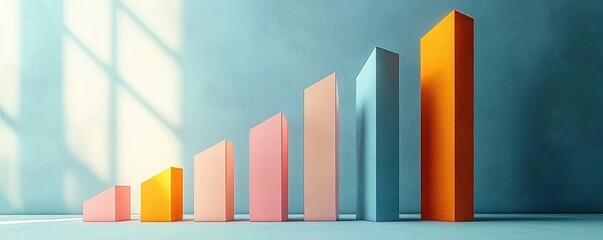 Obraz premium row of colorful 3d ascending rectangular columns in a minimal room with window light and long shadows, evoking optimistic growth and progress