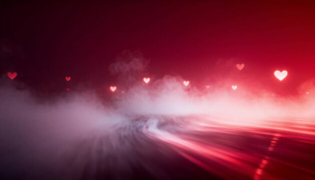 Ethereal ruby red fog with drifting hearts background for valentines day