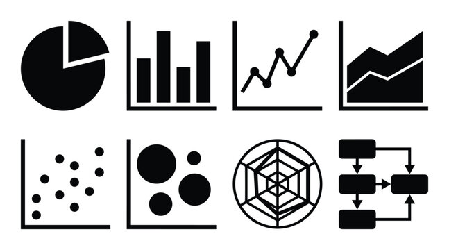 Black infographics icons representing data visualization, including charts, graphs, and diagrams.