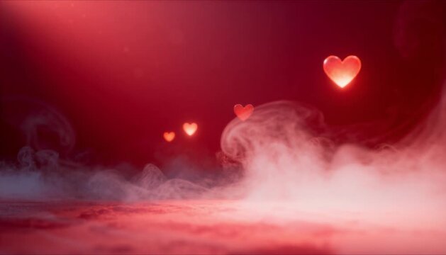Ethereal ruby red fog with drifting hearts background for valentines day