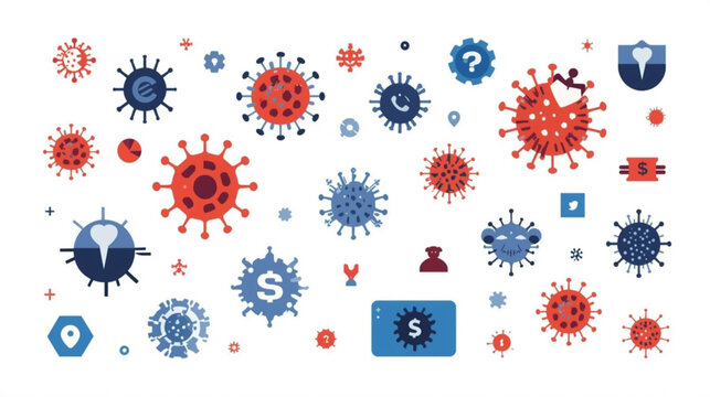 Abstract representation of virus particles and financial symbols, illustrating the intersection of health crises and economic impact