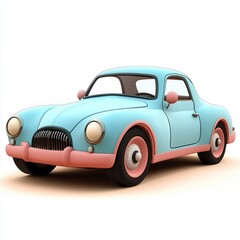 pastel blue and pink retro two-door coupe with rounded headlights and chrome grille, playful toy-like 3d render evoking nostalgia and cheerfulness