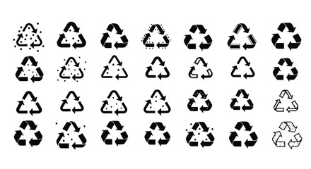 A collection of various recycling symbol icons arranged in a grid pattern on a white background