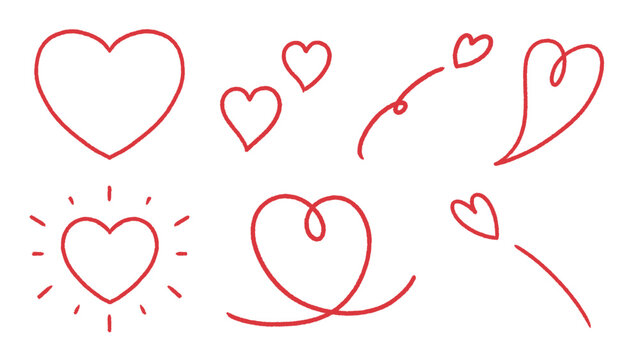 様々なバリエーションの赤いペンで描かれたハートの詰め合わせ。赤いペンでハートを描いたベクターアイコンイラスト。写真や動画をデコレーションする手書きのスタンプイラスト