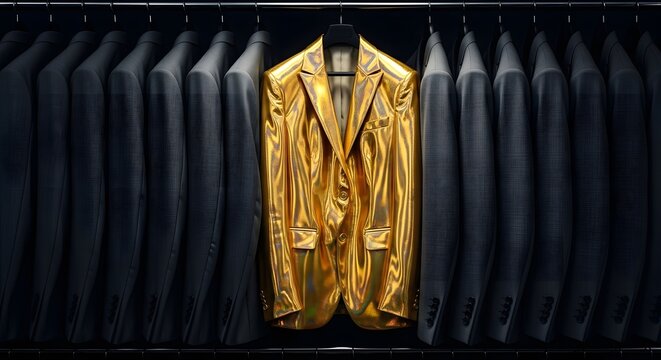 A gleaming gold suit stands alone among a row of dull grey jackets, a powerful metaphor for unique talent, breaking the mold, and achieving extraordinary success in a conformist world